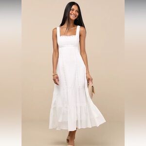 Lulus Esmeray White Lace Sleeveless Tiered Midi Dress - Size L NWT